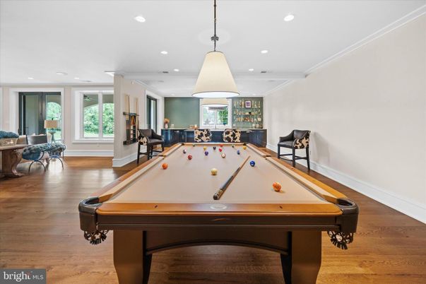 Billiard Table, Game Room, Interior, Pendant Lights, Recessed Lighting, Wood Texture Flooring