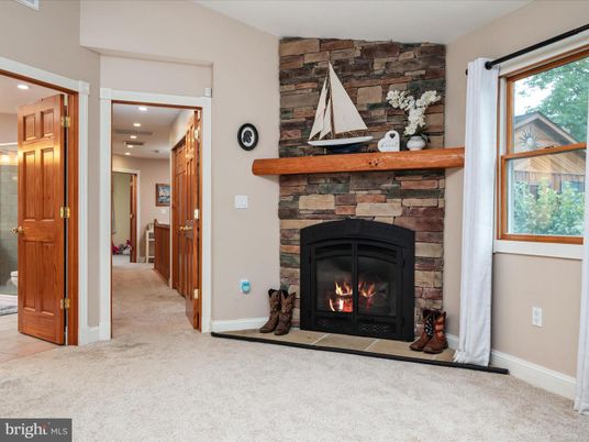 Fireplace, Interior, Recessed Lighting, Stone Walls