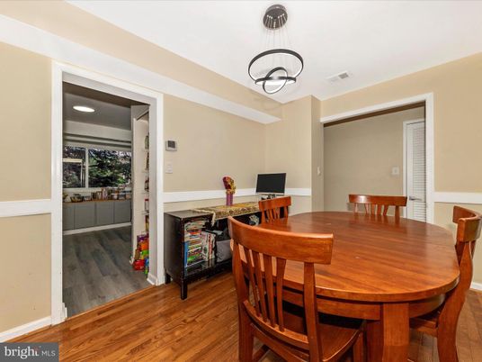 Dining room, Interior, Pendant Lights, Recessed Lighting, Wood Texture Flooring