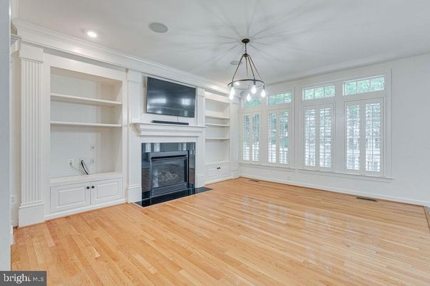 Empty room, Fireplace, Interior, Pendant Lights, Recessed Lighting, Wood Texture Flooring