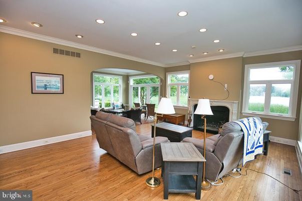 Fireplace, Home Office, Interior, Living room, Recessed Lighting, Wood Texture Flooring
