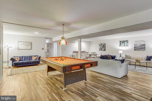 Billiard Table, Game Room, Interior, Living room, Pendant Lights, Wood Texture Flooring