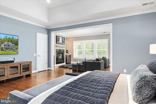 Bedroom, Fireplace, Interior, Living room, Recessed Lighting, Wood Texture Flooring