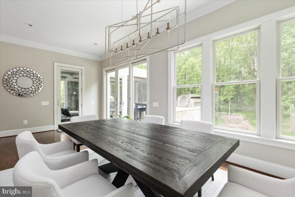 Dining room, Interior, Pendant Lights, Wood Texture Flooring