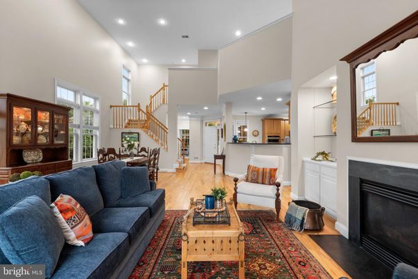 Dining room, Fireplace, Interior, Kitchen, Living room, Pendant Lights, Recessed Lighting, Wood Texture Flooring
