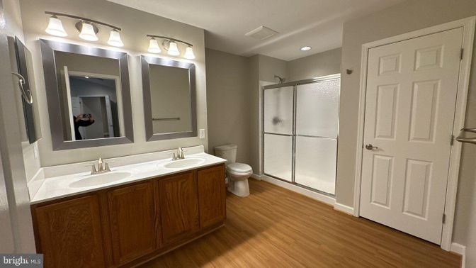 Bathroom, Glass Shower, Interior, Recessed Lighting, Wood Texture Flooring
