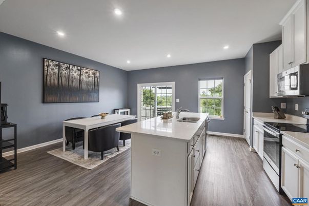 Dining room, Interior, Kitchen, Recessed Lighting, Wood Texture Flooring