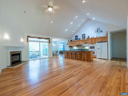 Empty room, Fireplace, Interior, Kitchen, Recessed Lighting, Wood Texture Flooring