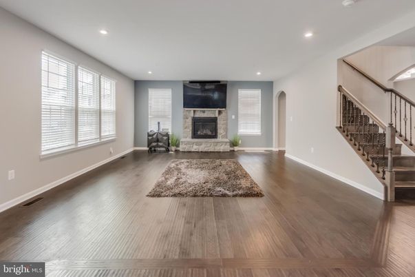 Empty room, Fireplace, Interior, Recessed Lighting, Wood Texture Flooring