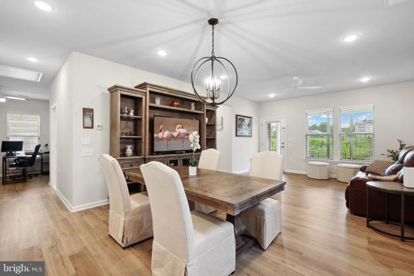 Dining room, Interior, Living room, Pendant Lights, Recessed Lighting, Wood Texture Flooring