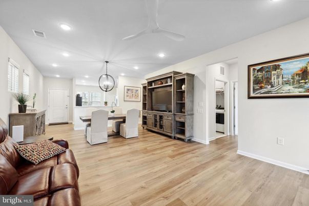 Dining room, Interior, Pendant Lights, Recessed Lighting, Wood Texture Flooring