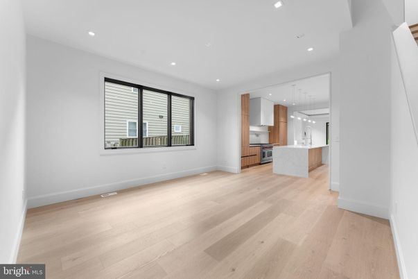 Empty room, Interior, Kitchen, Pendant Lights, Recessed Lighting, Wood Texture Flooring