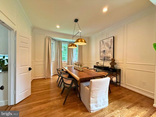 Dining room, Interior, Pendant Lights, Recessed Lighting, Wood Texture Flooring