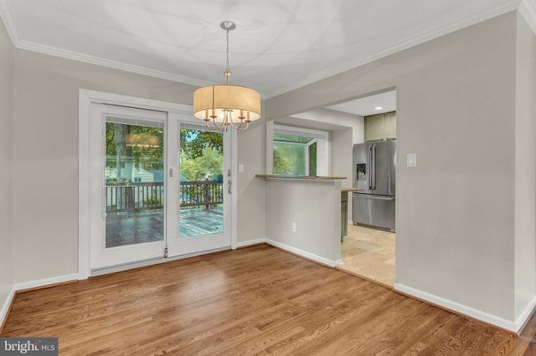 Chandelier, Empty room, Interior, Kitchen, Recessed Lighting, Wood Texture Flooring