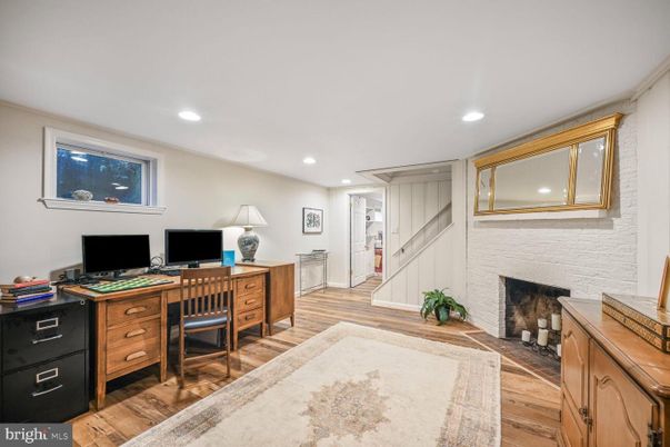 Fireplace, Home Office, Interior, Recessed Lighting, Wood Texture Flooring