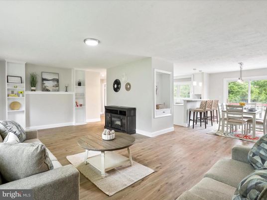 Dining room, Fireplace, Interior, Living room, Pendant Lights, Wood Texture Flooring