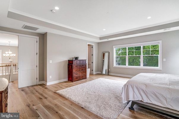 Bedroom, Chandelier, Interior, Recessed Lighting, Wood Texture Flooring