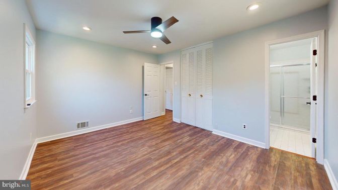 Bathroom, Empty room, Interior, Recessed Lighting, Wood Texture Flooring