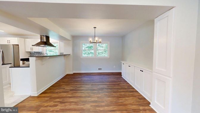 Chandelier, Interior, Kitchen, Pendant Lights, Stainless Steel Appliances, Wood Texture Flooring