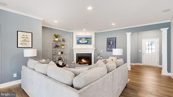 Fireplace, Interior, Living room, Recessed Lighting, Wood Texture Flooring