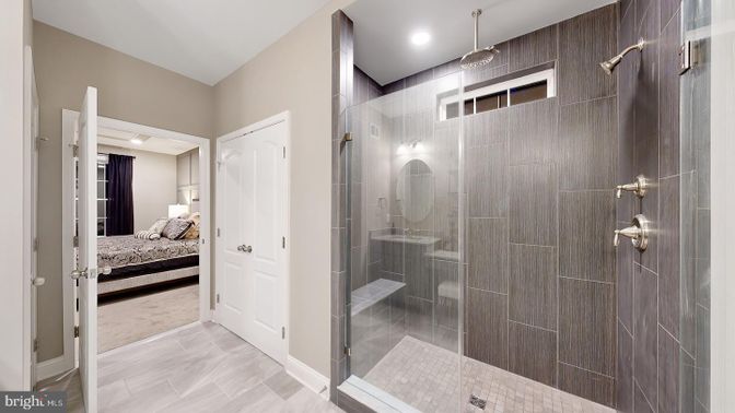 Bathroom, Bedroom, Glass Shower, Interior, Recessed Lighting, Wood Texture Flooring