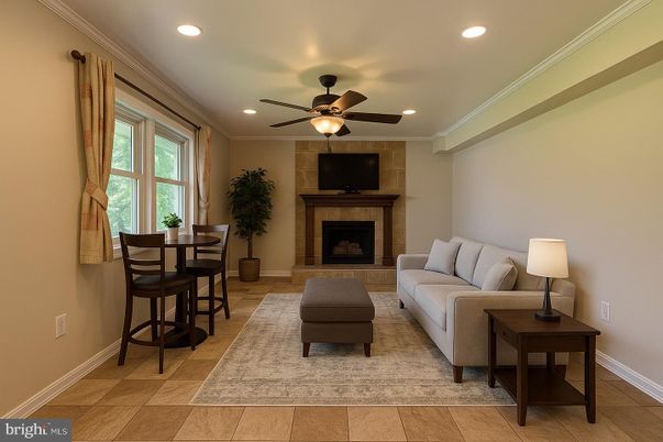 Fireplace, Interior, Living room, Recessed Lighting, Wood Texture Flooring