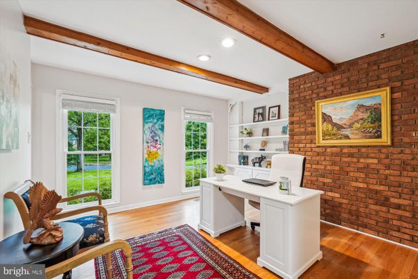 Home Office, Interior, Recessed Lighting, Stone Walls, Wooden Beams, Wood Texture Flooring