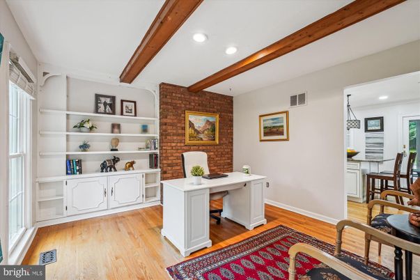 Home Office, Interior, Recessed Lighting, Stone Walls, Wooden Beams, Wood Texture Flooring