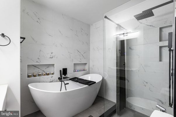 Bathroom, Free Standing Baths, Glass Shower, Interior, Marble Walls