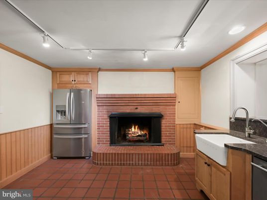 Fireplace, Interior, Kitchen, Recessed Lighting, Stainless Steel Appliances