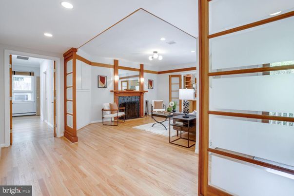 Fireplace, Home Office, Interior, Recessed Lighting, Wood Texture Flooring
