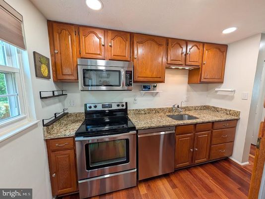 Interior, Kitchen, Recessed Lighting, Stainless Steel Appliances, Wood Texture Flooring
