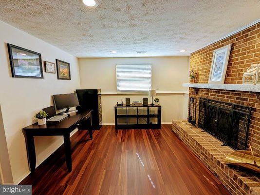 Fireplace, Home Office, Interior, Recessed Lighting, Stone Walls, Wood Texture Flooring