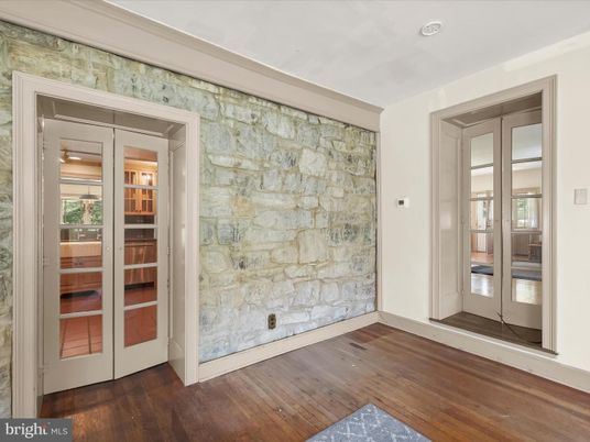 Empty room, Interior, Recessed Lighting, Stone Walls, Wood Texture Flooring
