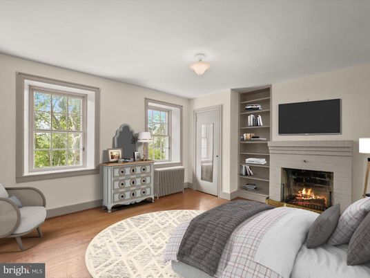 Bedroom, Fireplace, Interior, Wood Texture Flooring