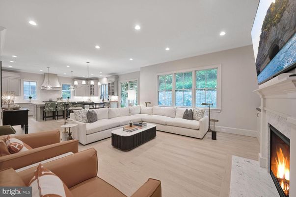 Fireplace, Interior, Kitchen, Living room, Pendant Lights, Recessed Lighting, Wood Texture Flooring