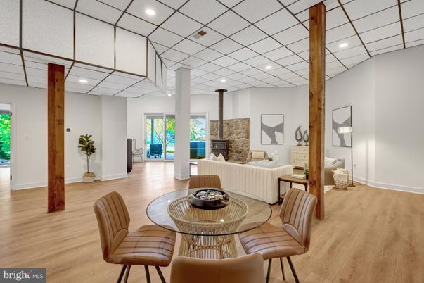 Dining room, Fireplace, Interior, Living room, Recessed Lighting, Wood Texture Flooring