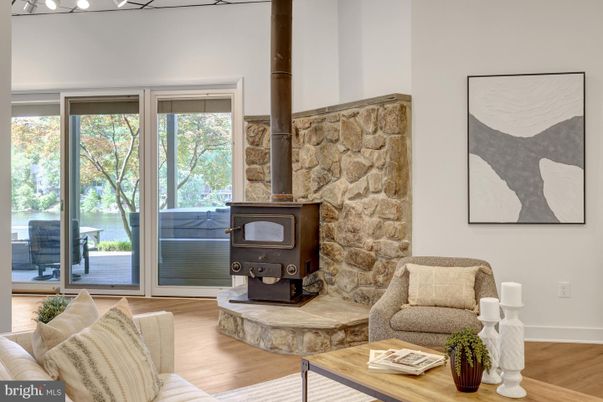 Fireplace, Interior, Living room, Stone Walls, Wood Texture Flooring