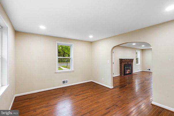 Empty room, Fireplace, Interior, Recessed Lighting, Wood Texture Flooring
