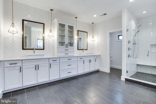 Bathroom, Dual Sink Vanities, Glass Shower, Interior, Pendant Lights, Recessed Lighting