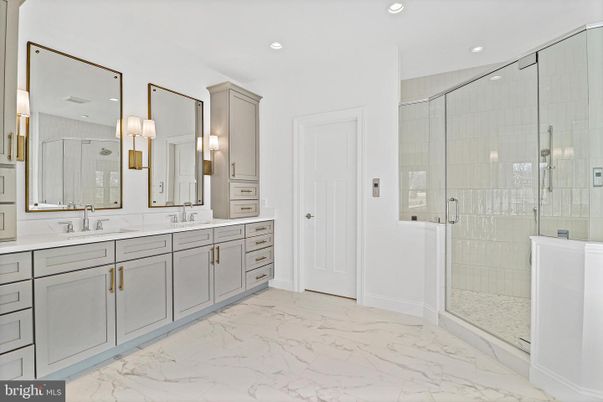 Bathroom, Dual Sink Vanities, Glass Shower, Interior, Marble, Recessed Lighting