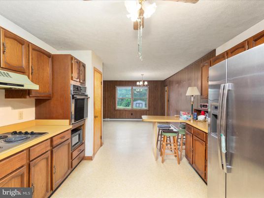 Chandelier, Interior, Kitchen, Stainless Steel Appliances, Wooden Walls