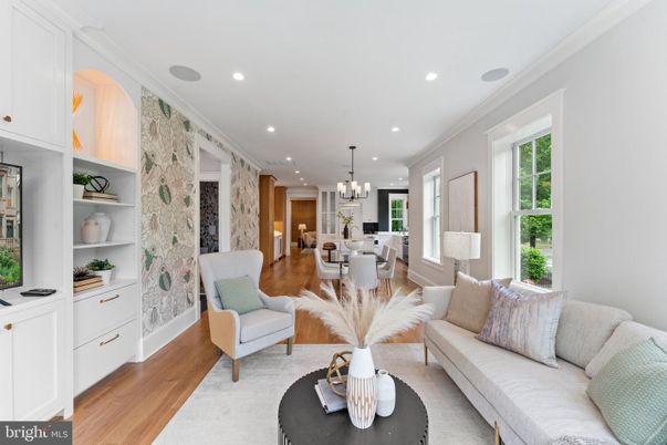 Chandelier, Dining room, Interior, Living room, Pendant Lights, Recessed Lighting, Wood Texture Flooring