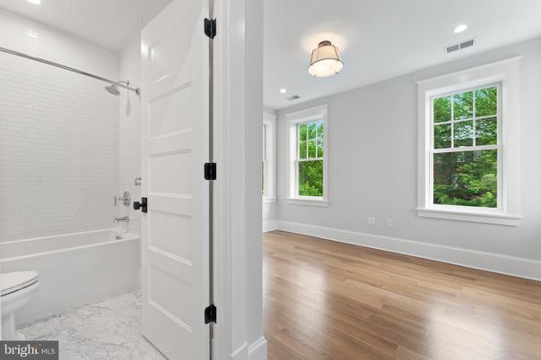 Bathroom, Interior, Marble, Recessed Lighting, Wood Texture Flooring