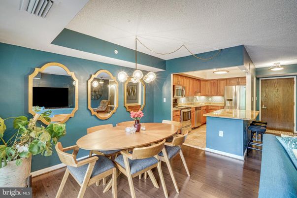 Dining room, Interior, Kitchen, Pendant Lights, Stainless Steel Appliances, Wood Texture Flooring