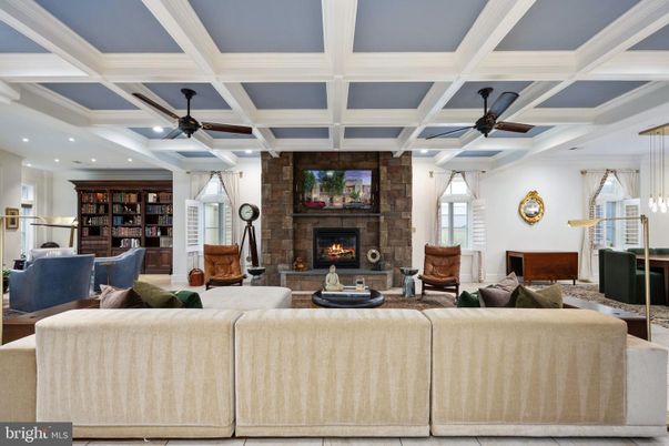 Fireplace, Interior, Living room, Pendant Lights, Recessed Lighting, Stone Walls