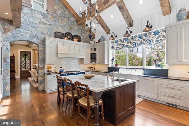 Interior, Kitchen, Pendant Lights, Recessed Lighting, Stainless Steel Appliances, Stone Walls, Wooden Beams, Wood Texture Flooring