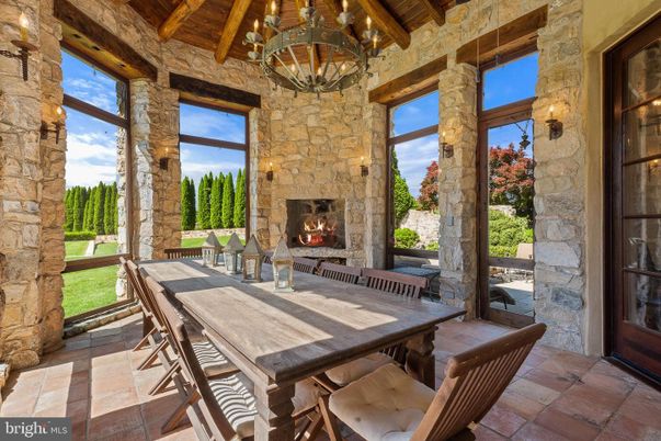 Chandelier, Dining room, Fireplace, Interior, Stone Walls, Wooden Beams, Wooden Ceilings