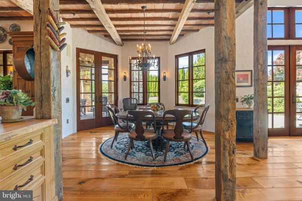 Chandelier, Dining room, Interior, Wooden Beams, Wooden Ceilings, Wood Texture Flooring