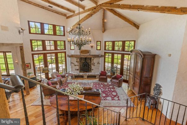 Chandelier, Fireplace, Interior, Living room, Wooden Beams, Wood Texture Flooring